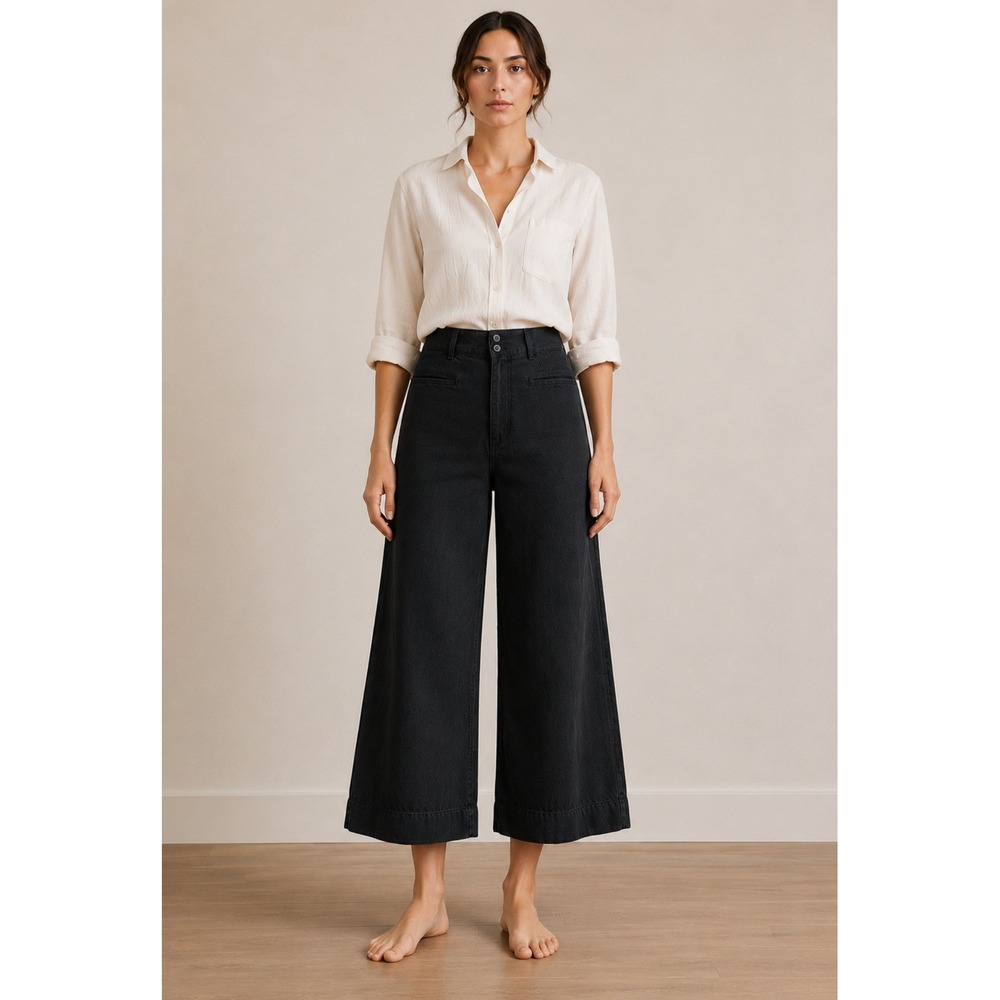 Apiece Apart Merida Cotton Wide Leg Pants Black High Rise Cropped Trousers  2